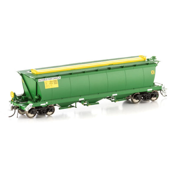 AUSCISION HO MHGX Grain Hopper, AN Green with no Logos & with Ground Operated Lids with Black Bogies, 4 Car Pack