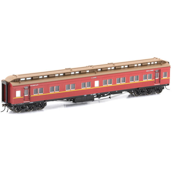 AUSCISION HO Steamrail ABE First/Second Class Car, Carriage Red with Yellow Stripe & 6 Wheel Bogie, 3-ABE - Single Car