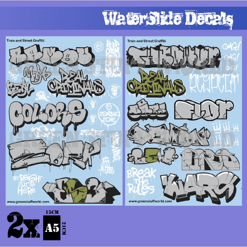 GREEN STUFF WORLD Waterslide Decals - Train and Graffiti Mix - Silver and Gold